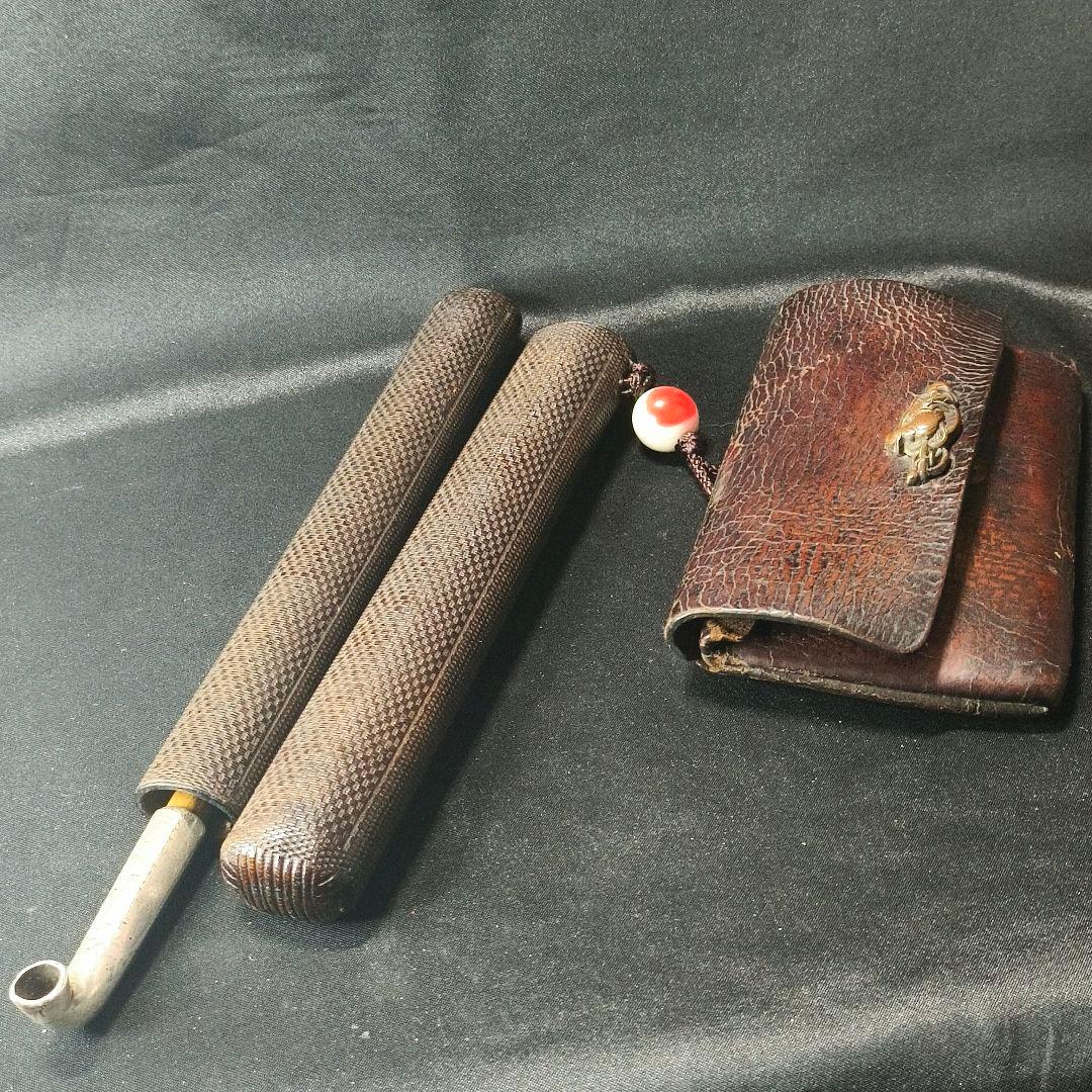 銀製煙管 網代筒 本革タバコ入れ 古銅細工金具 明治ガラス緒締玉 コレクター放出