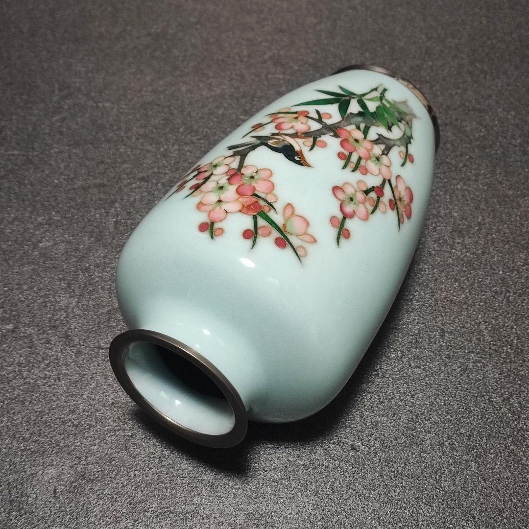 時代 戦前七宝 七宝焼 竹梅鶯図花瓶 花入 花生 花器 金属工芸 美品