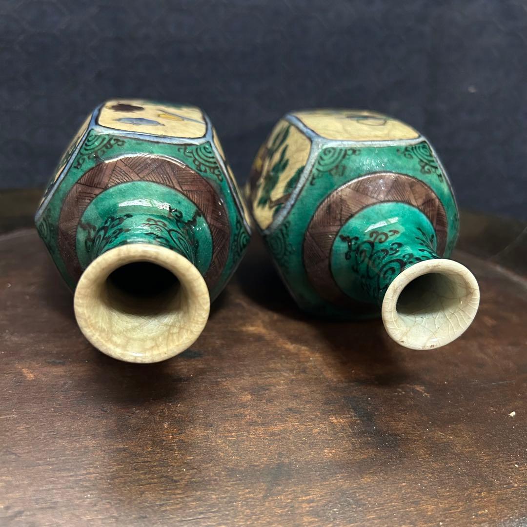 群馬県からの蔵出品　江戸〜明治期頃　青手面取窓絵九谷徳利　一対　無傷　本物保証