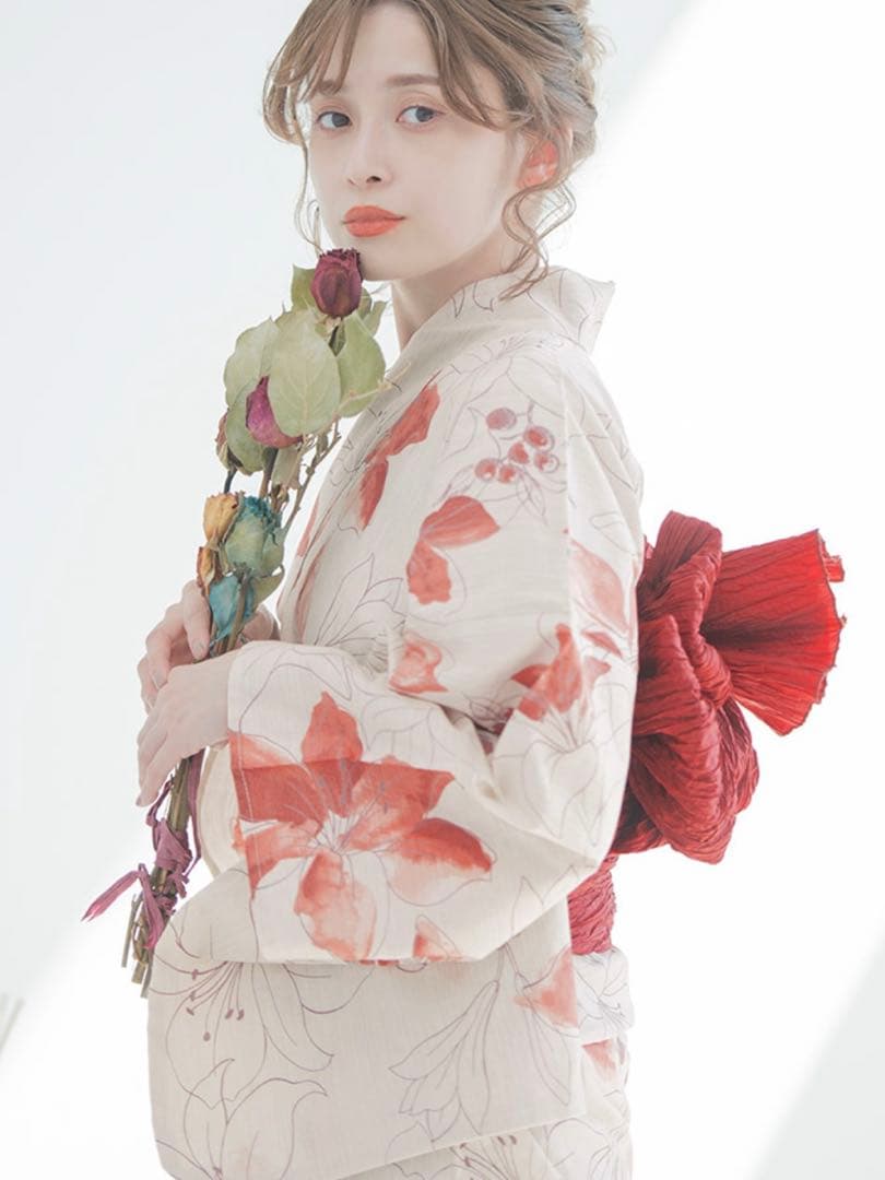 ♡佳奈♡ 花柄浴衣・帯セット　花柄　赤　ベージュ　浴衣　DITA