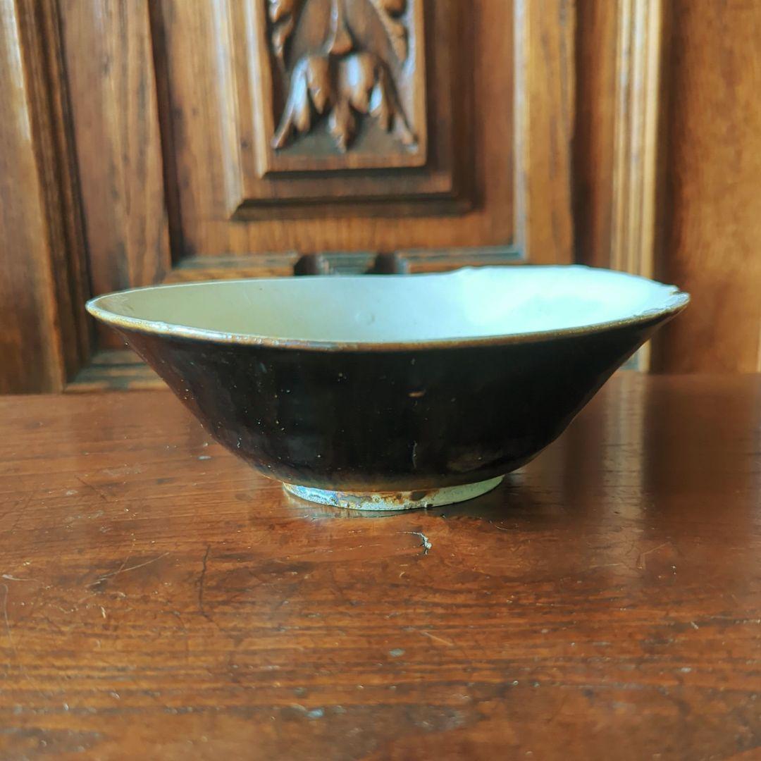 磁州窯茶碗 絵高麗形 天目釉、白釉 蛇の目釉剥ぎ 元〜明