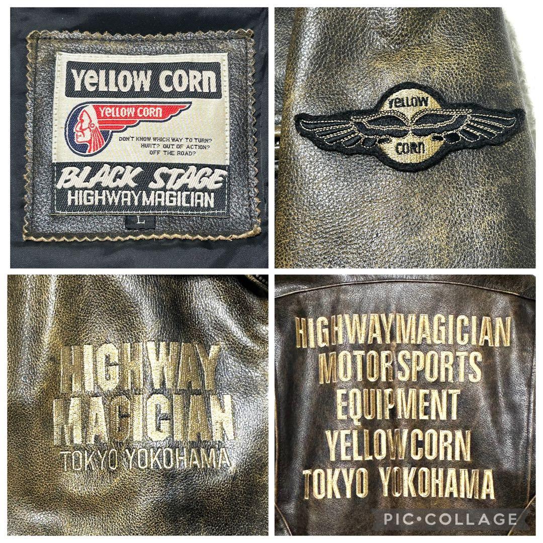 YeLLOW CORN シングルライダース 金刺繍 ロゴ ワッペン ブラウン L