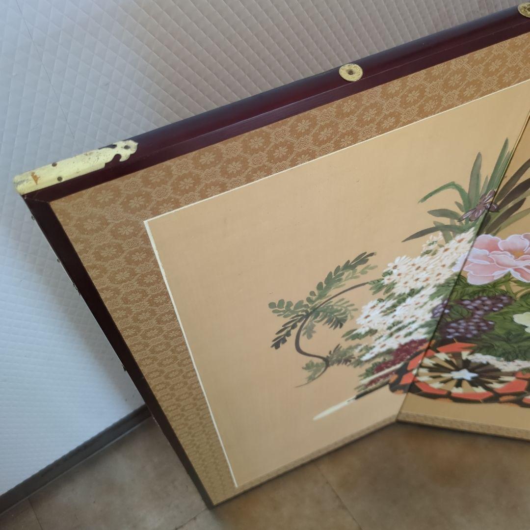屏風 御所車 牡丹 衝立 間仕切り 手描き 折りたたみ 紙箱 ディスプレイ