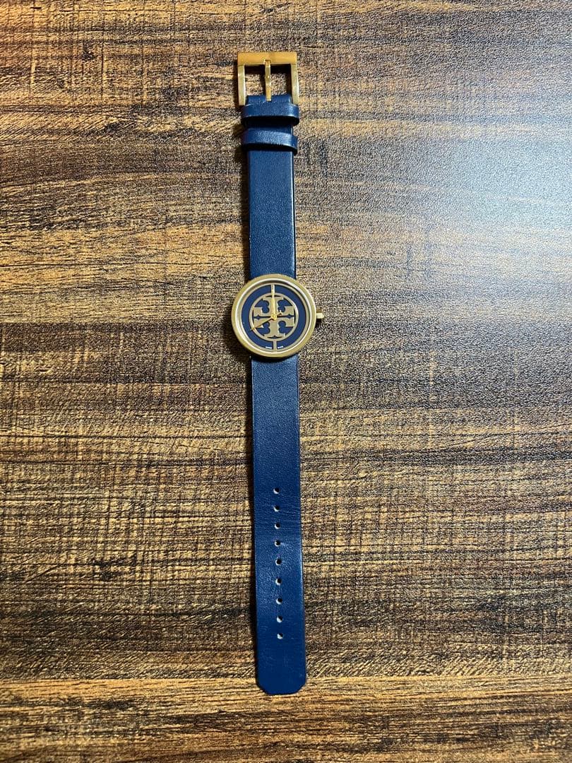 トリーバーチ腕時計 ネイビー レザーベルト 時計 ゴールドロゴ