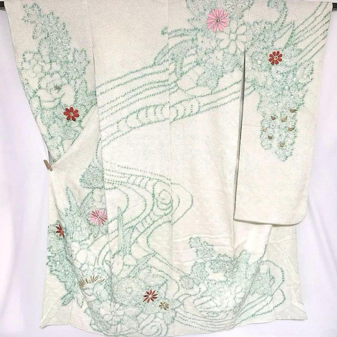 4k2103 振袖　正絹　袷　藤娘きぬたや　総絞り　刺繍　緑　白　赤　金色　花柄