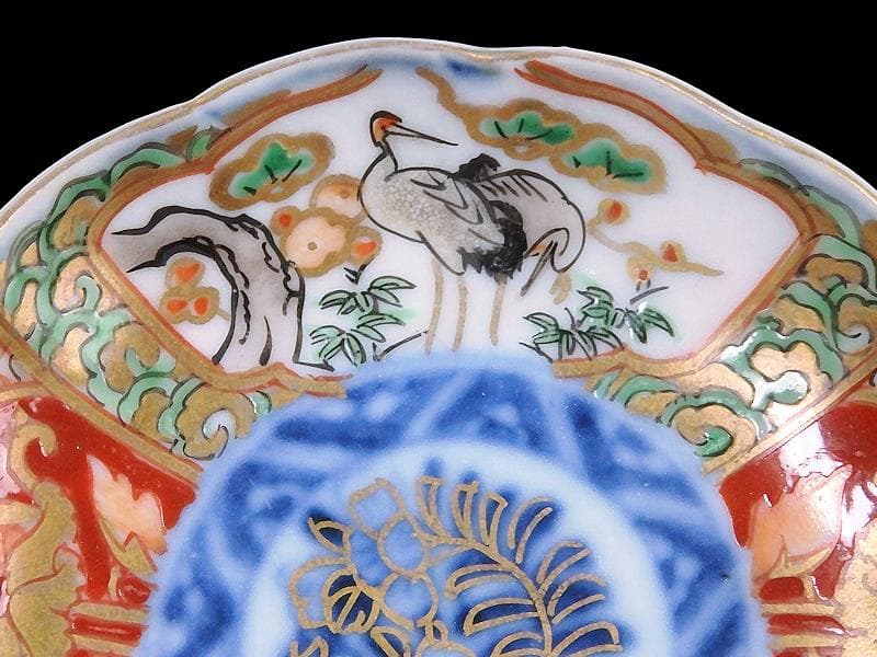 古伊万里　金襴手　松竹梅に双鶴　花の図　豆皿　E893AS-CTs