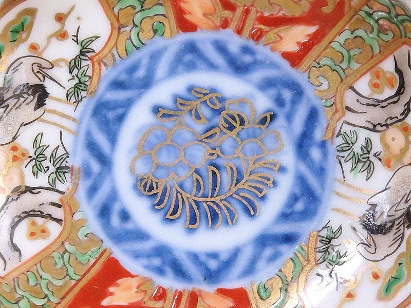 古伊万里　金襴手　松竹梅に双鶴　花の図　豆皿　E893AS-CTs