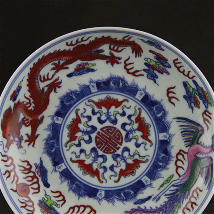清雍正青花斗彩龍鳳図磁器皿  景徳鎮 陶磁器 装飾品 現代工芸品 美術品 置物