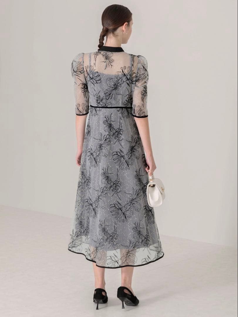 パイピングハイネック花柄ラメレースワンピースドレス結婚式パーティー二次会成人式