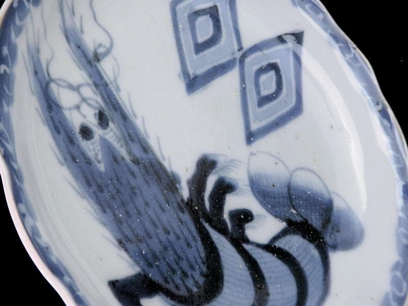 古伊万里　染付　海老に三枡紋の図　市川海老蔵　7寸皿　D813AS-CQb