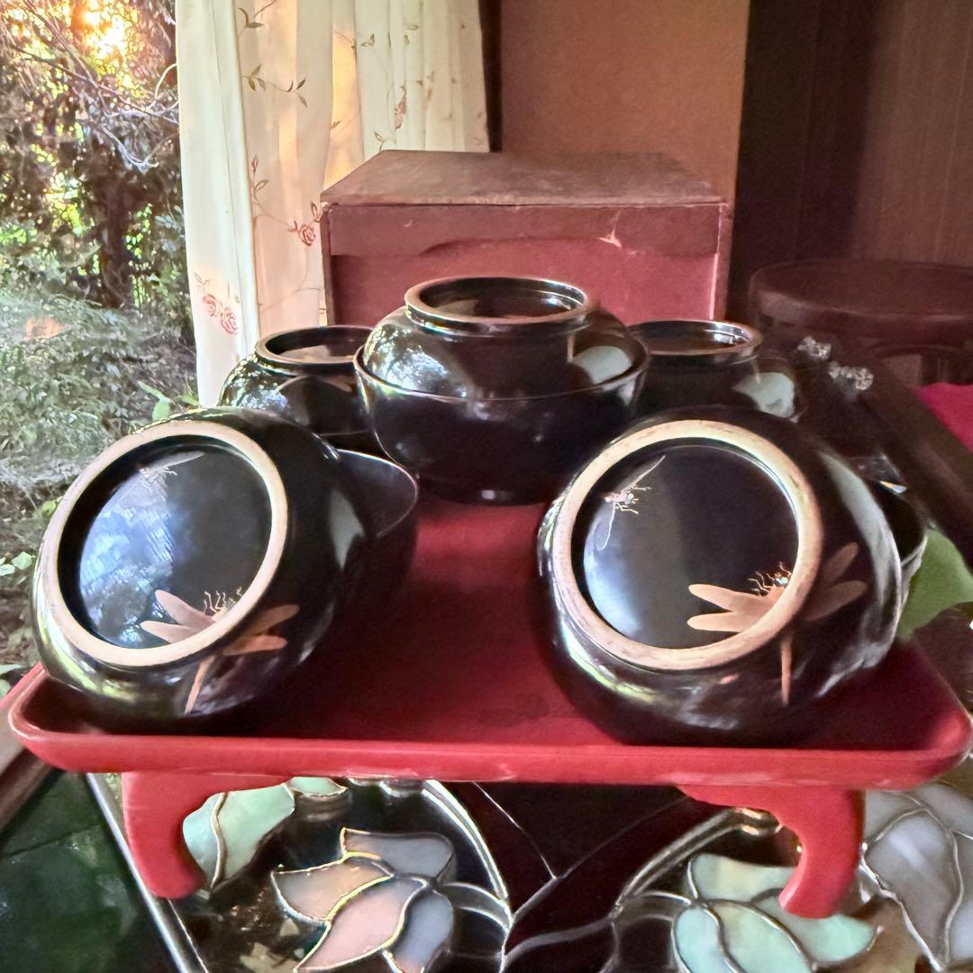 Y様へ感謝お嫁入‼️JAPAN螺鈿蒔絵『蜻蛉かげろう＆菊＆木蓮』真塗金縁吸物椀3客