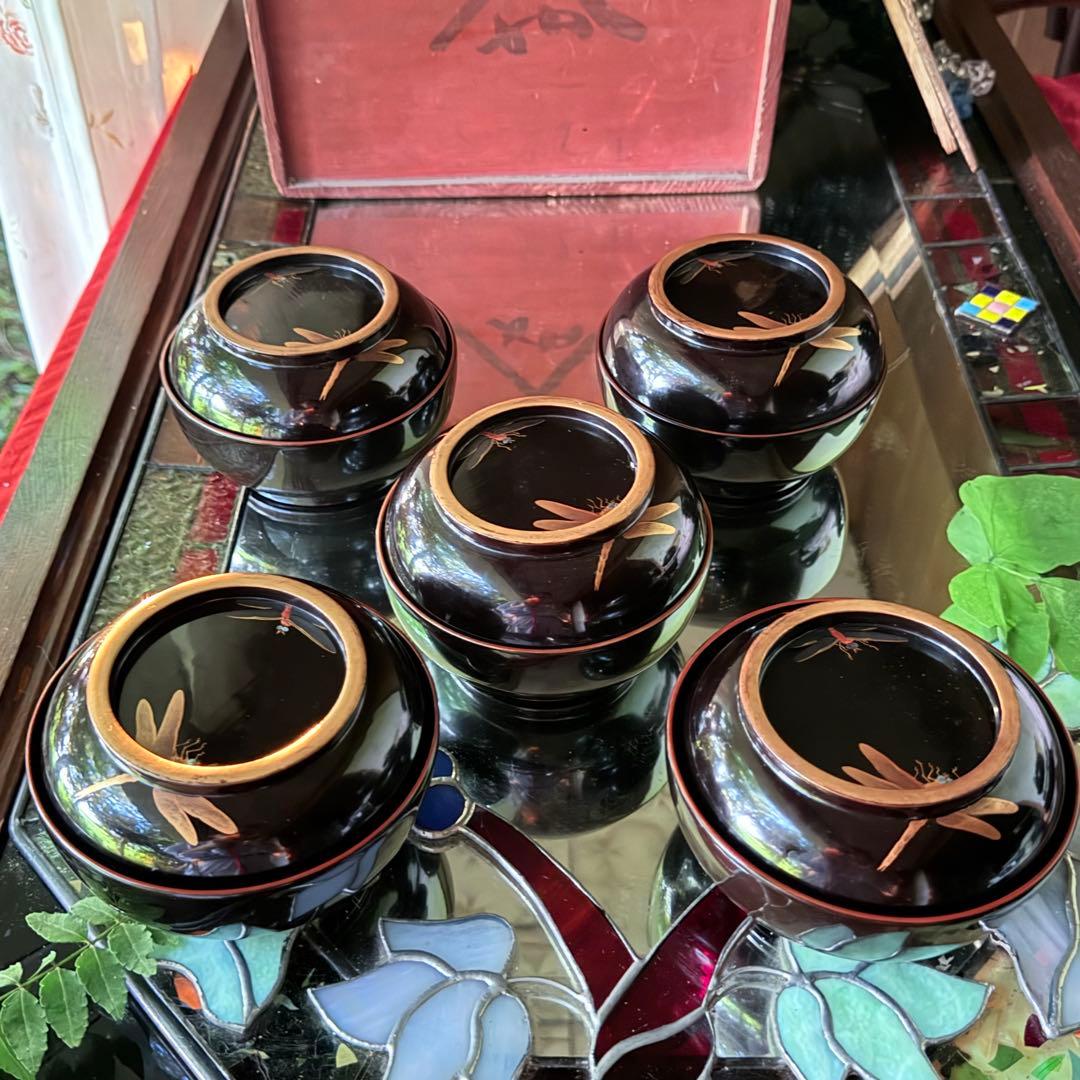 Y様へ感謝お嫁入‼️JAPAN螺鈿蒔絵『蜻蛉かげろう＆菊＆木蓮』真塗金縁吸物椀3客