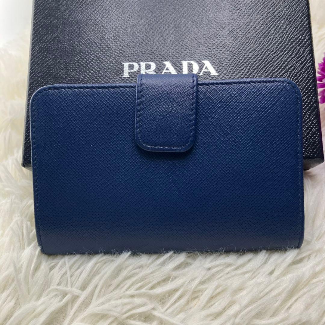 極美品✨PRADA プラダ 二つ折り財布 ネイビー ゴールドロゴ