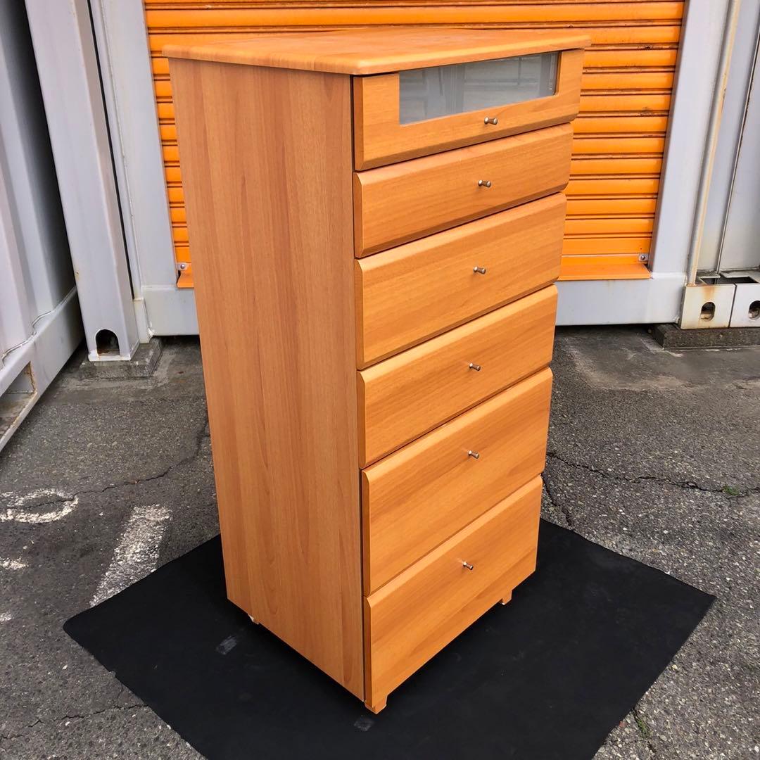 ナチュラルウッド 6段キャビネット ガラス窓付き