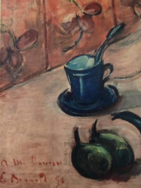 エミール・ベルナール、カップ、果物鉢、ティーポット、果物のある静物