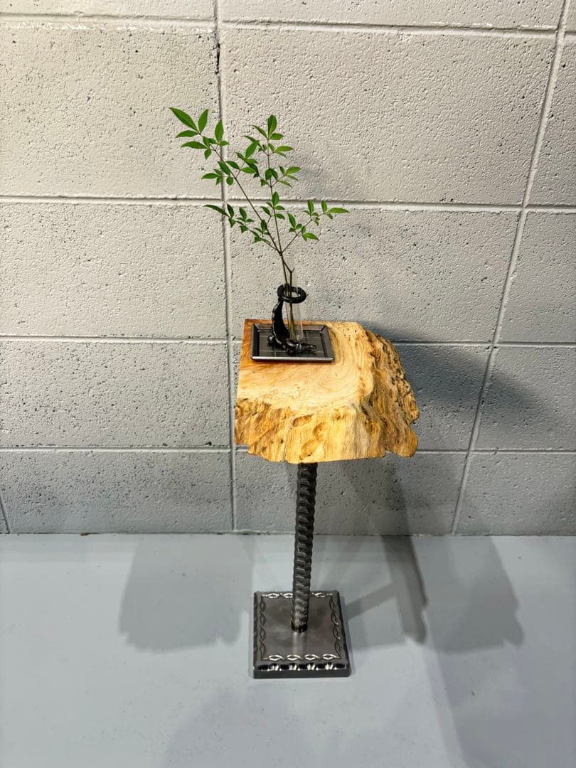 欅サイドテーブル、コーヒーテーブル、観葉植物スタンド一枚板銘木　鉄家具