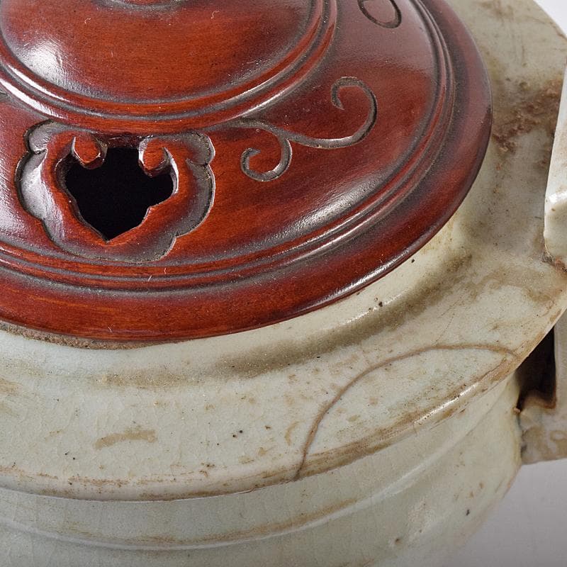 朝鮮美術　李朝　白磁　双耳香炉　唐木蓋付　U　R8373