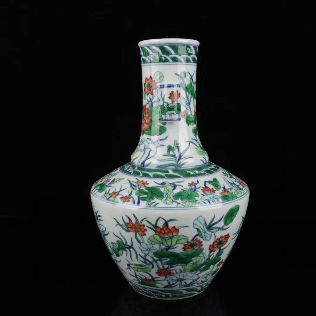 中国古美術✦清乾隆紋・青花斗彩・荷花紋・貫耳瓶セット✦花瓶・文房具・陶芸・観賞瓶