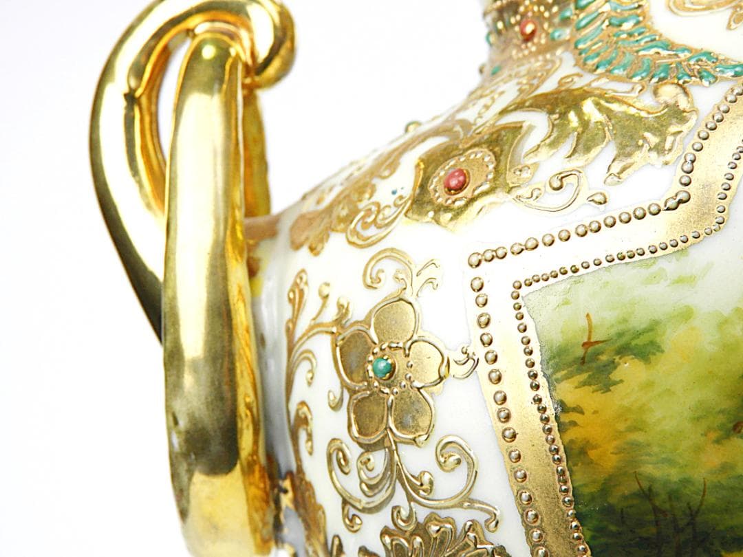 オールドノリタケ 金彩ジュエル風景画 プレッツェルハンドル 飾り壷 アンティーク