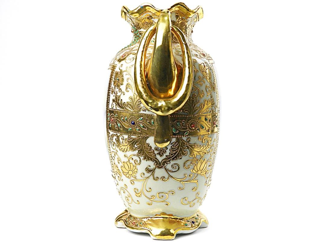 オールドノリタケ 金彩ジュエル風景画 プレッツェルハンドル 飾り壷 アンティーク