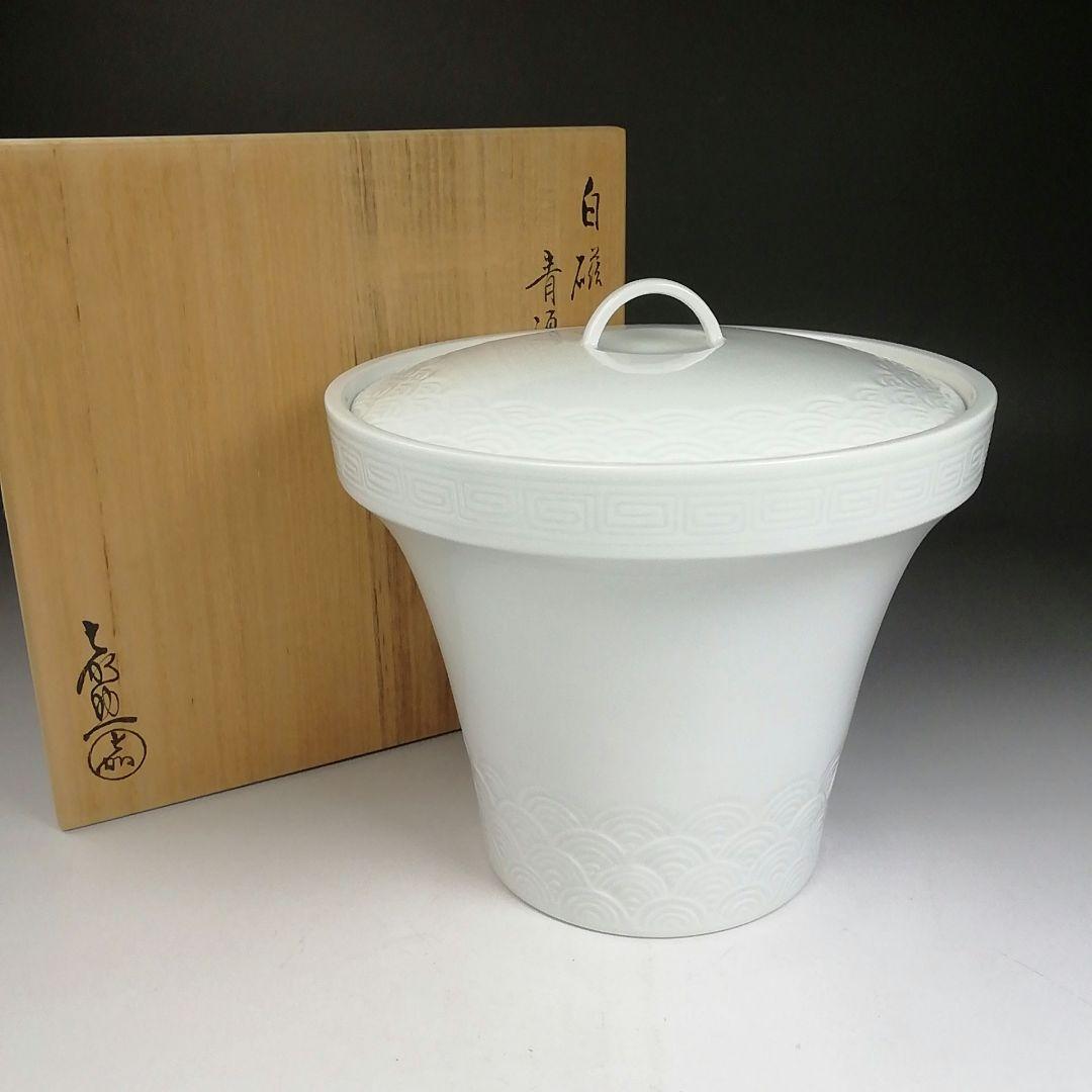 Ｗ６４　水指　『白磁　青海波』『末広水指』『横石喜助 造』　共箱　茶道具