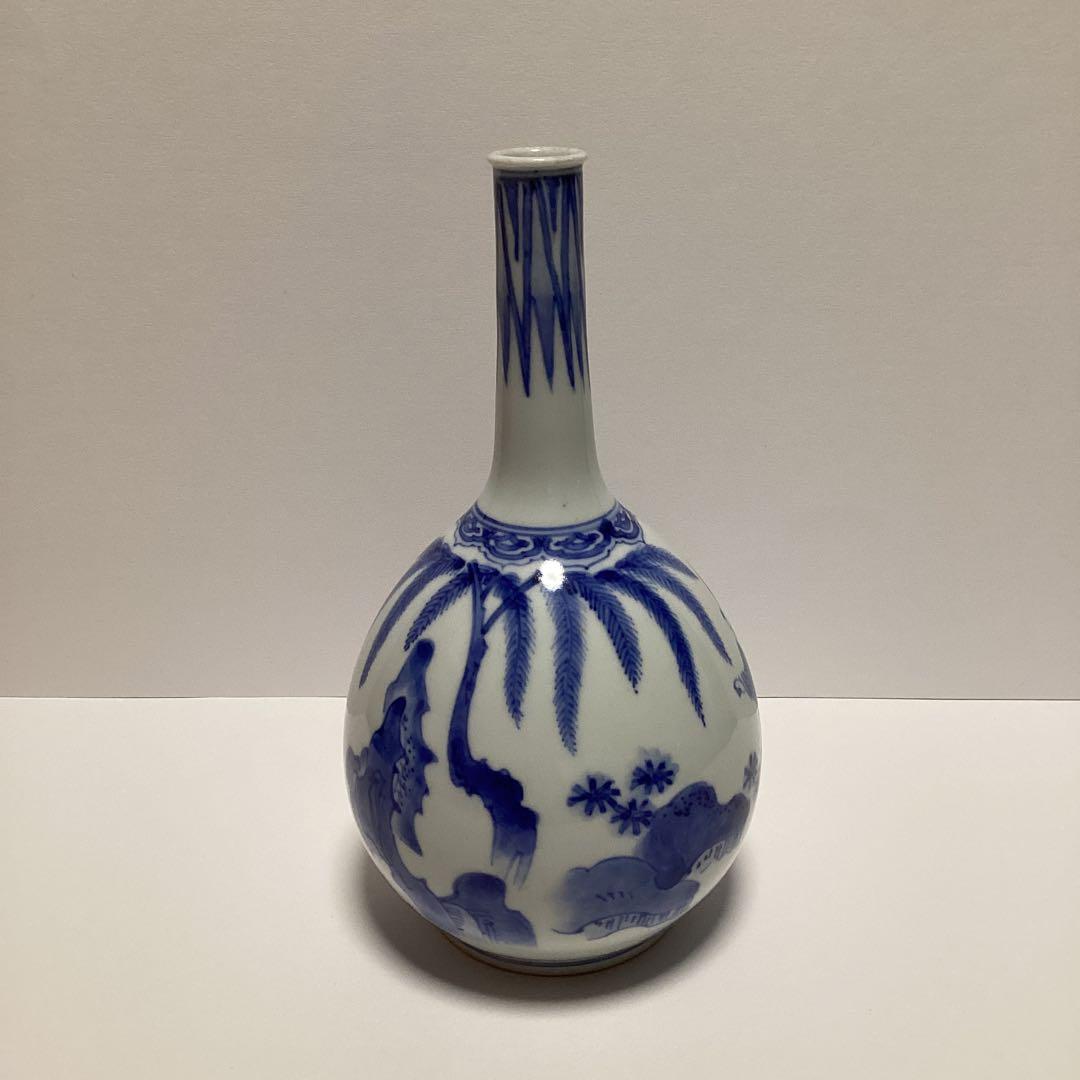 古平戸　五人唐子遊戯の図　染め付け細首徳利　鶴首徳利