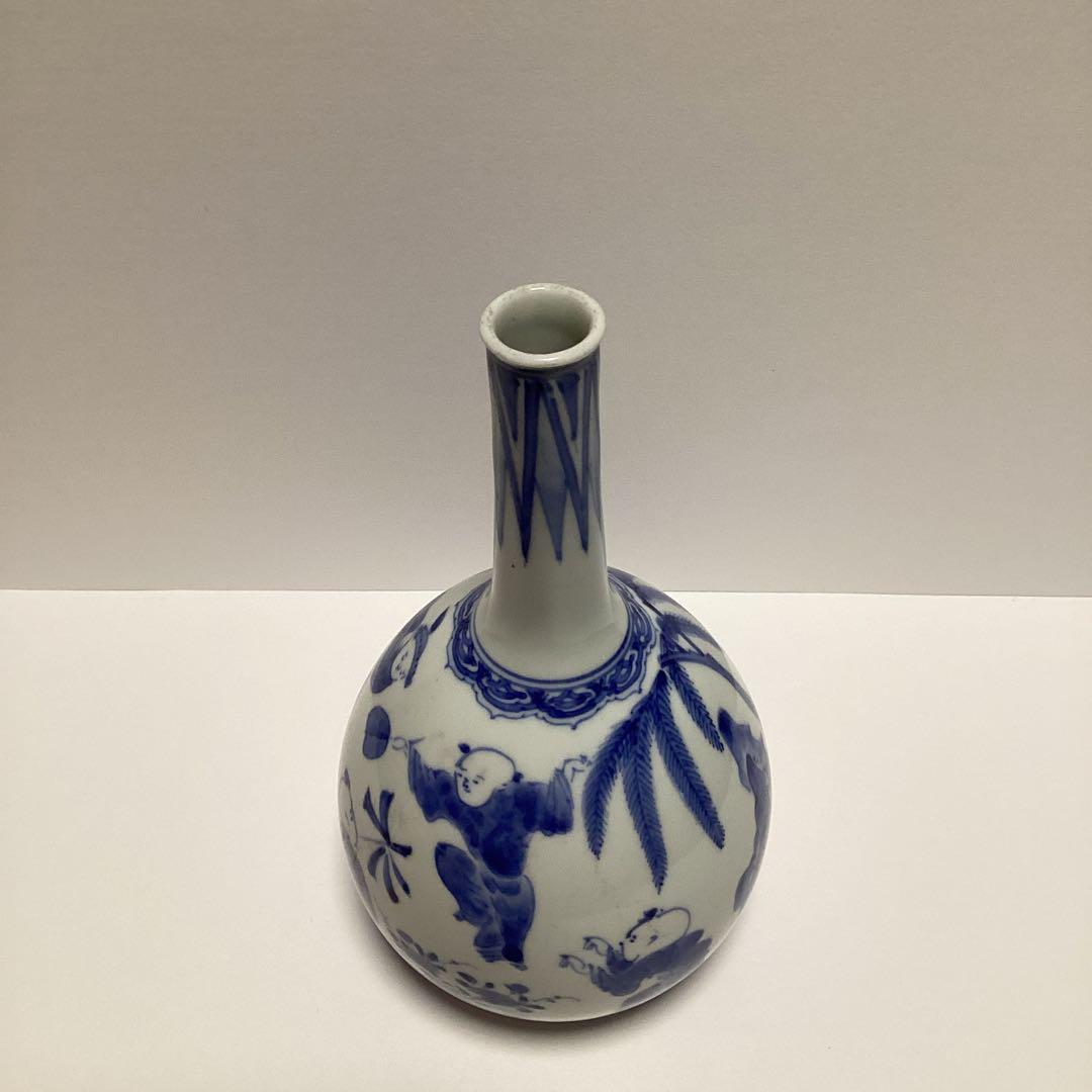 古平戸　五人唐子遊戯の図　染め付け細首徳利　鶴首徳利