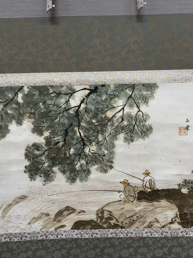 掛け軸 作:川合玉堂 題:清陰釣客水車新緑 双幅 掛軸 茶掛