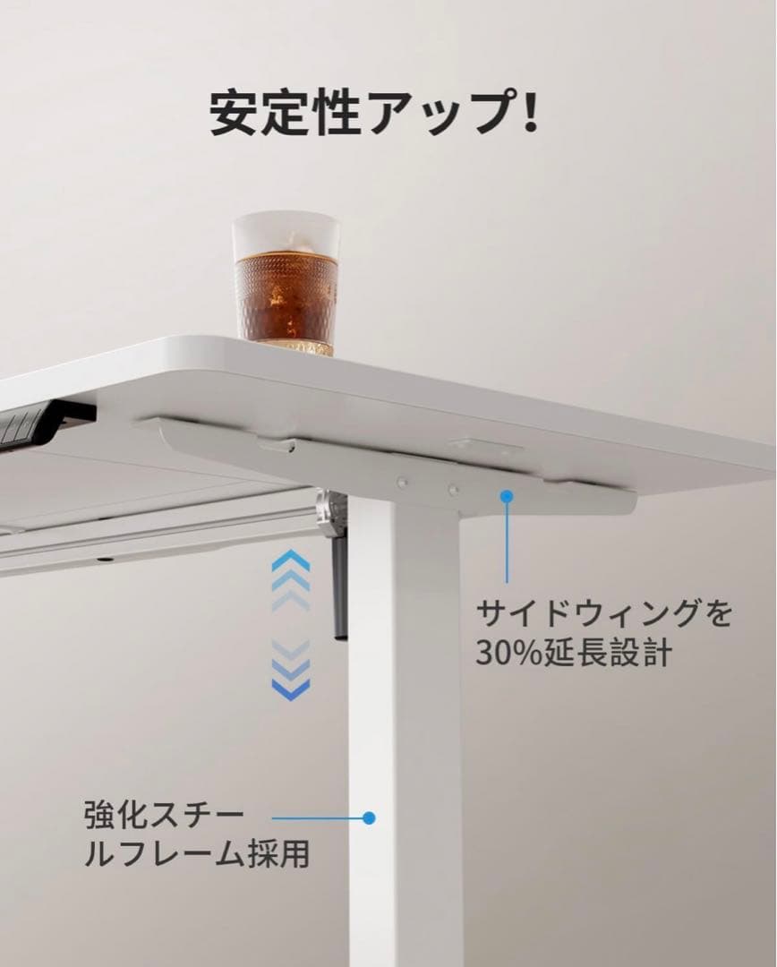 電動 昇降デスク USB-A/Type-C付き 140cm×70cm ホワイト