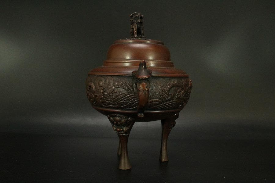 銅 獅子蓋 香炉 在銘 高22cm(LC535)