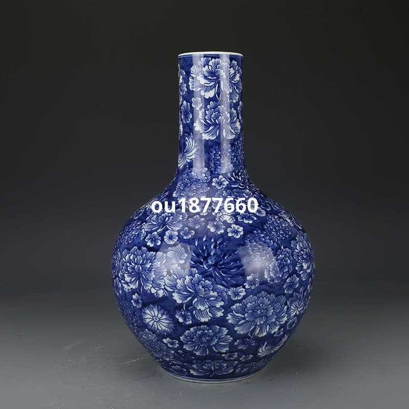 青花万花天球瓶 景徳鎮 陶磁器 装飾品 現代工芸品 美術品 置物