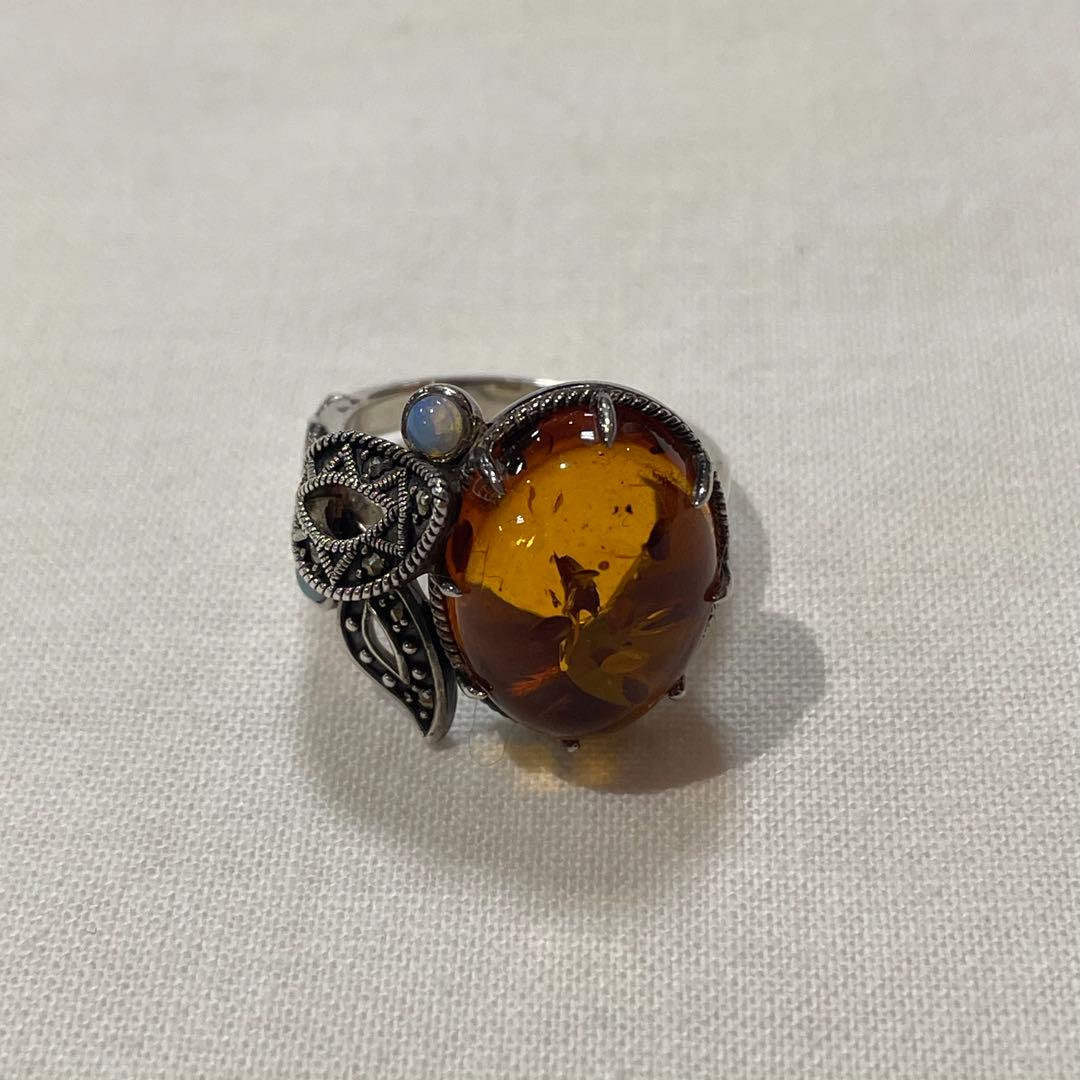 禄山 琥珀 & オパール アンバーリーフ シルバー リング