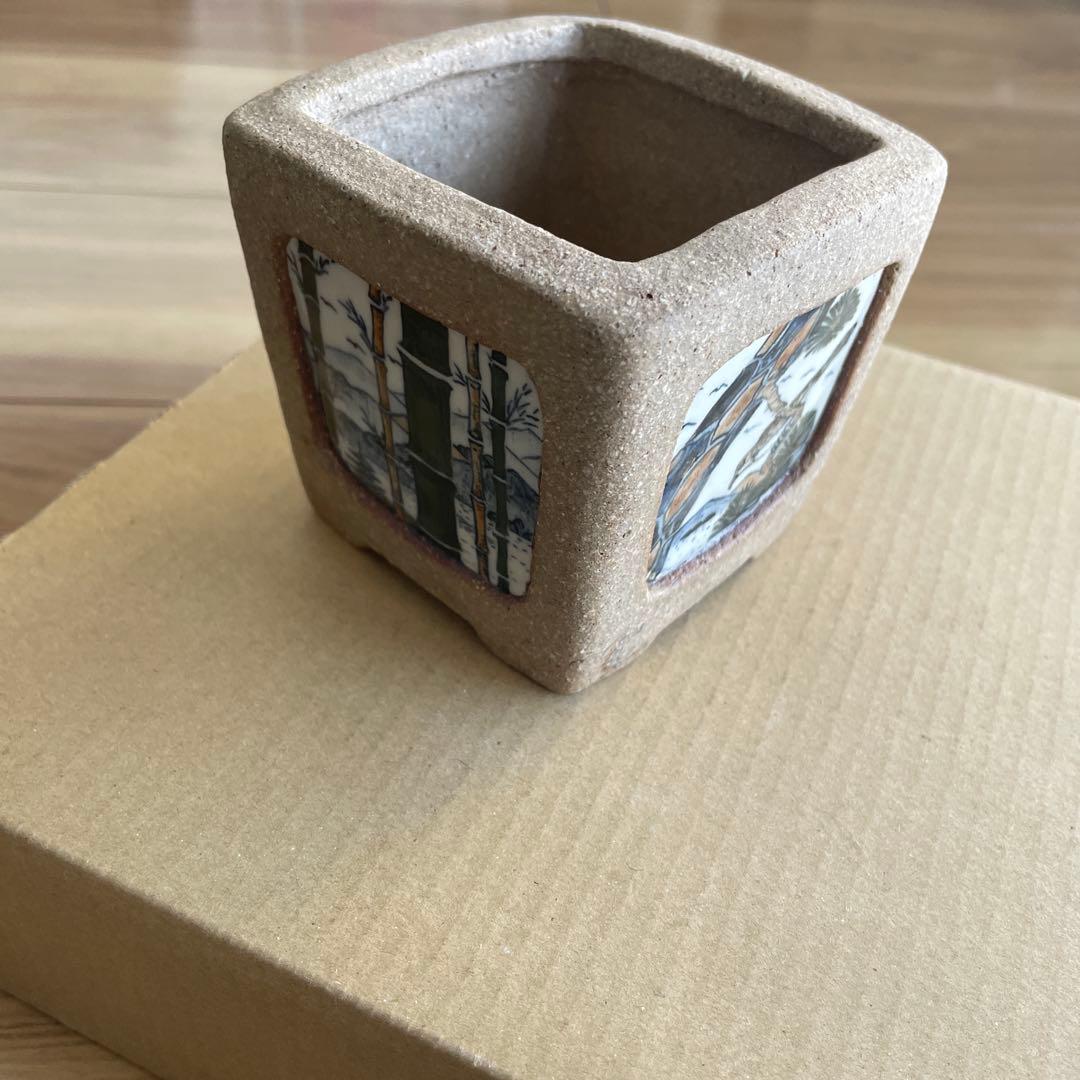 盆栽鉢　桑津香石　絵鉢　落款印　山水画　梅　桜　鳥　松　四角　山野草