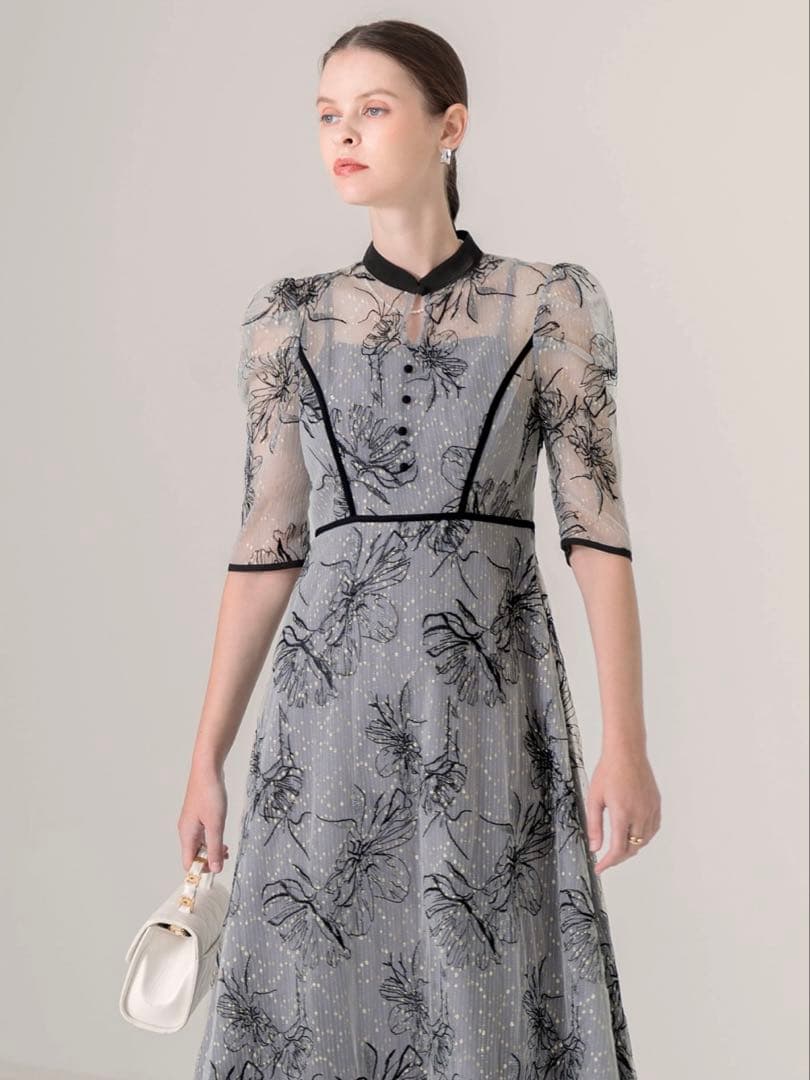 パイピングハイネック花柄ラメレースワンピースドレス結婚式パーティー成人式二次会