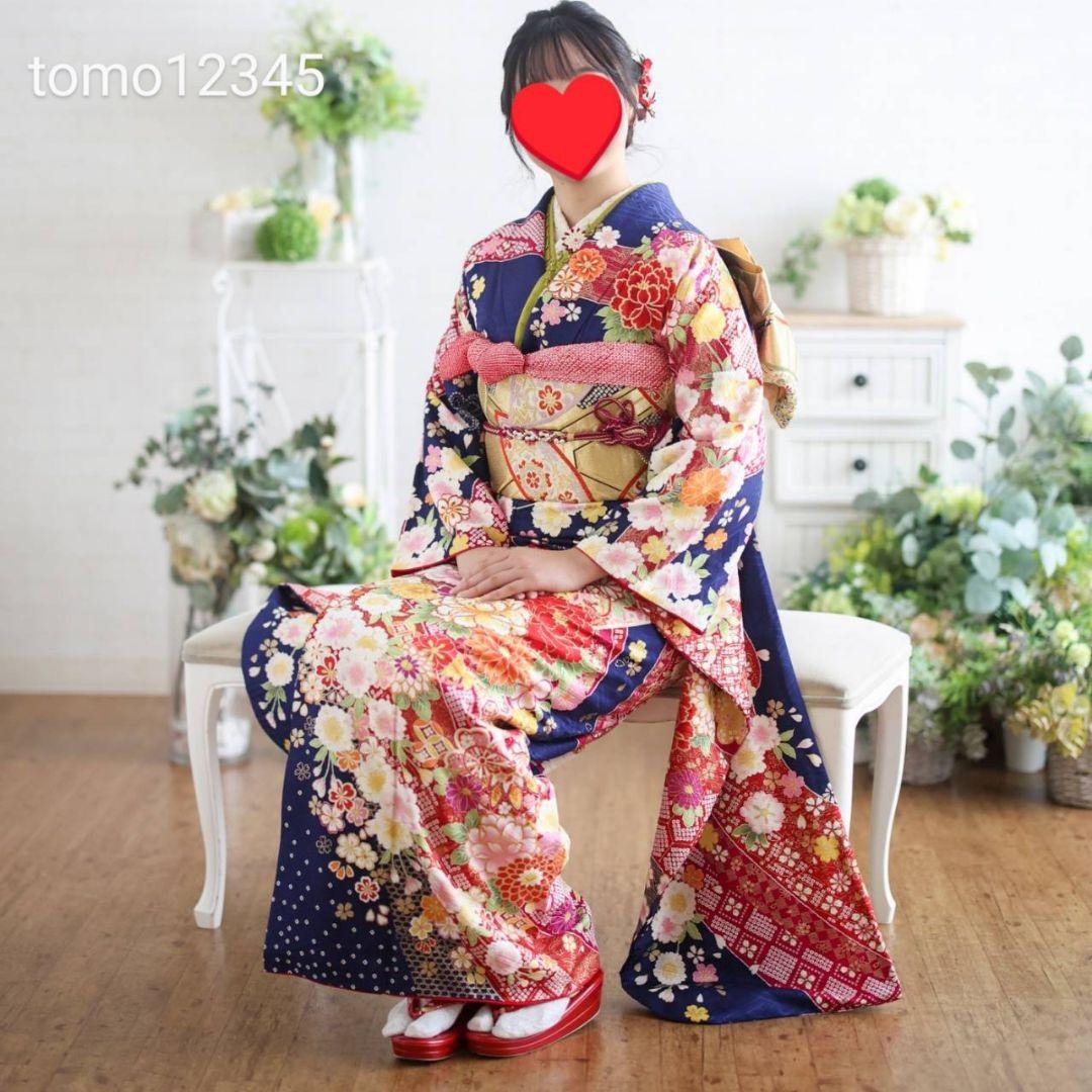 振袖フルセット　成人式前撮り卒業式　紺色桜菊牡丹鞠古典柄　振袖一式　正絹