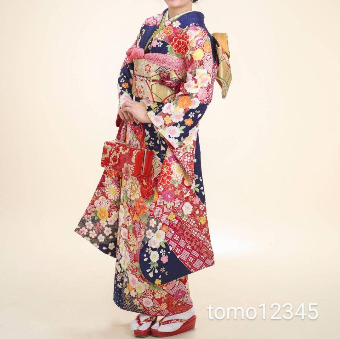 振袖フルセット　成人式前撮り卒業式　紺色桜菊牡丹鞠古典柄　振袖一式　正絹