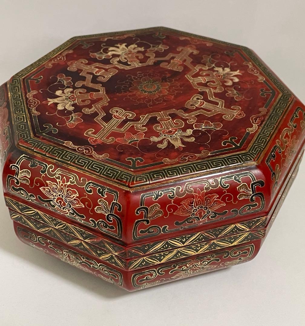 清时代 吉祥文漆絵 八角盒子 乾隆年 蓋付き アンティーク中国 骨董品