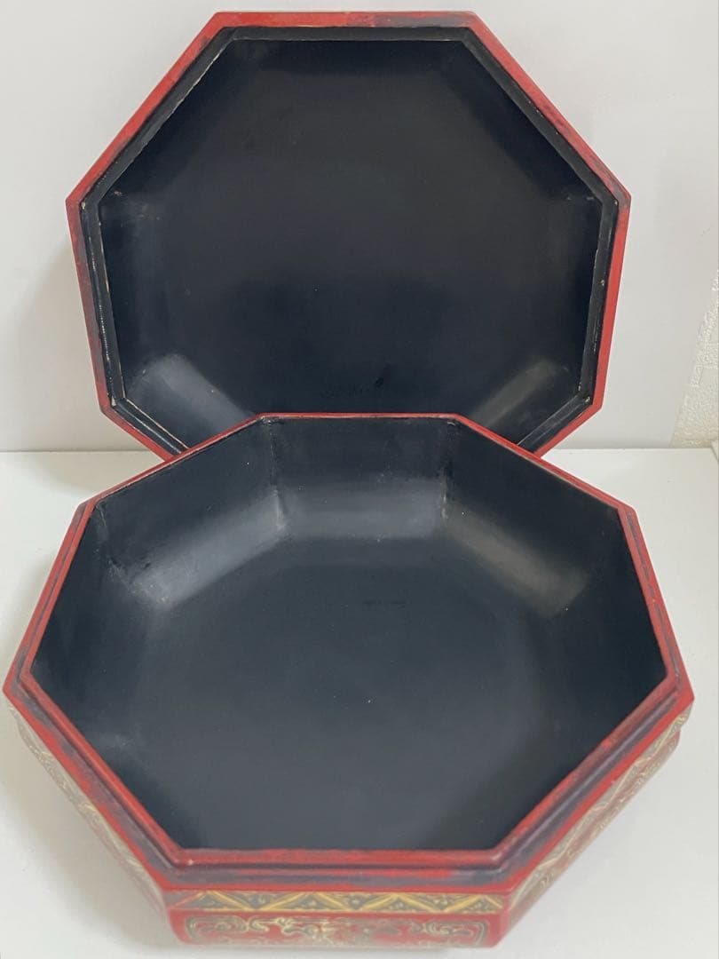 清时代 吉祥文漆絵 八角盒子 乾隆年 蓋付き アンティーク中国 骨董品