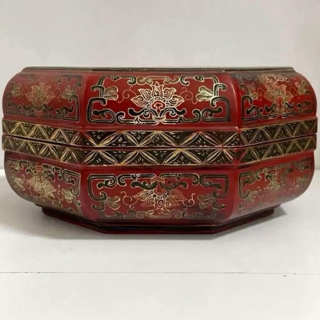 清时代 吉祥文漆絵 八角盒子 乾隆年 蓋付き アンティーク中国 骨董品