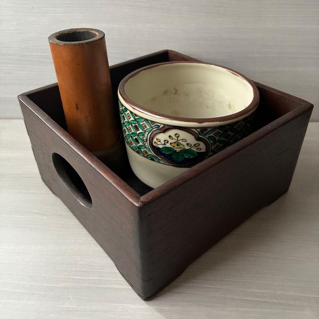 煙草盆　茶道具　九谷焼　陶器　角福　青手　灰入れ　竹灰吹　木箱　年代物　古道具