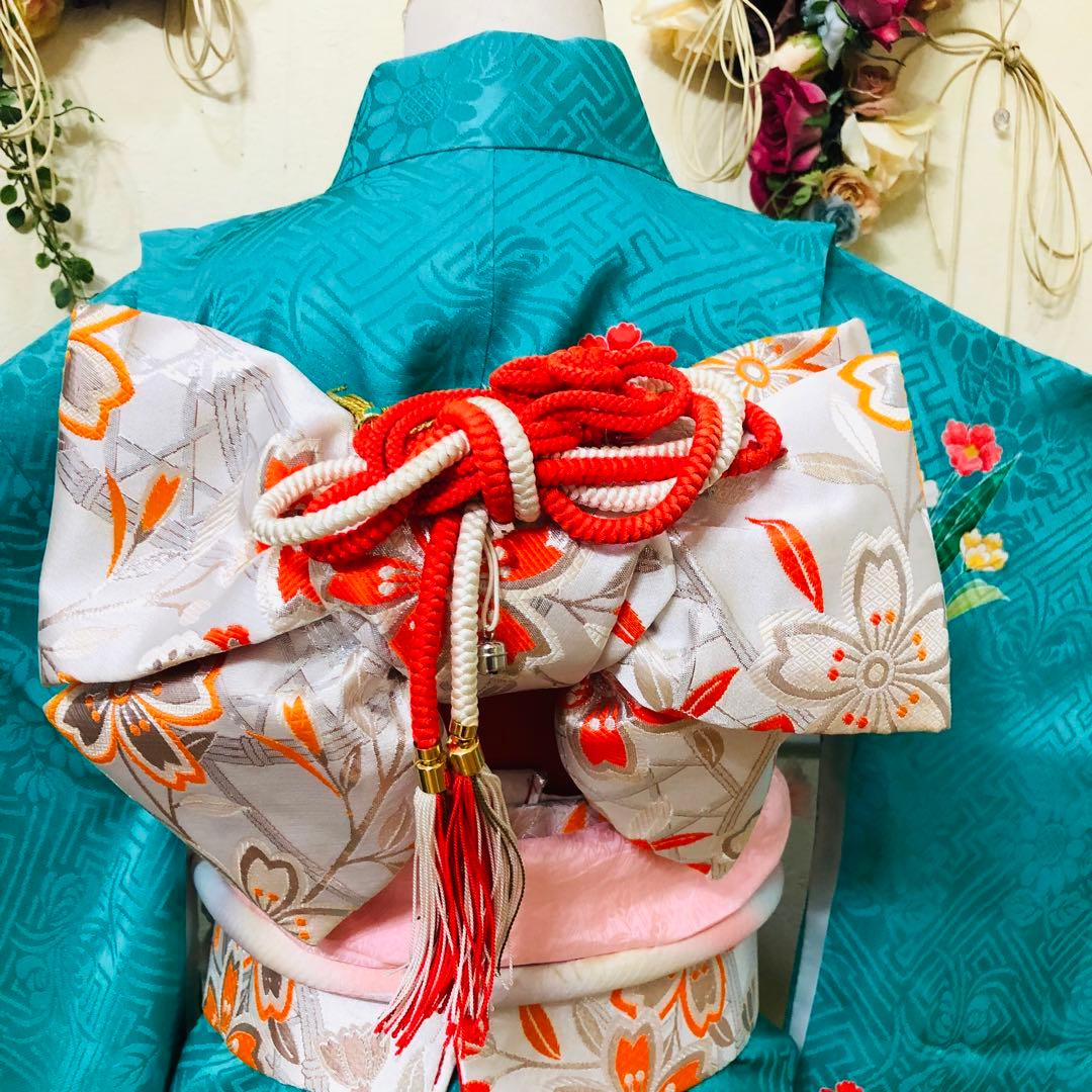 七五三七歳‼正絹️完全フルセット‼️人気Blue Greenに花車金彩煌びやか際立つ