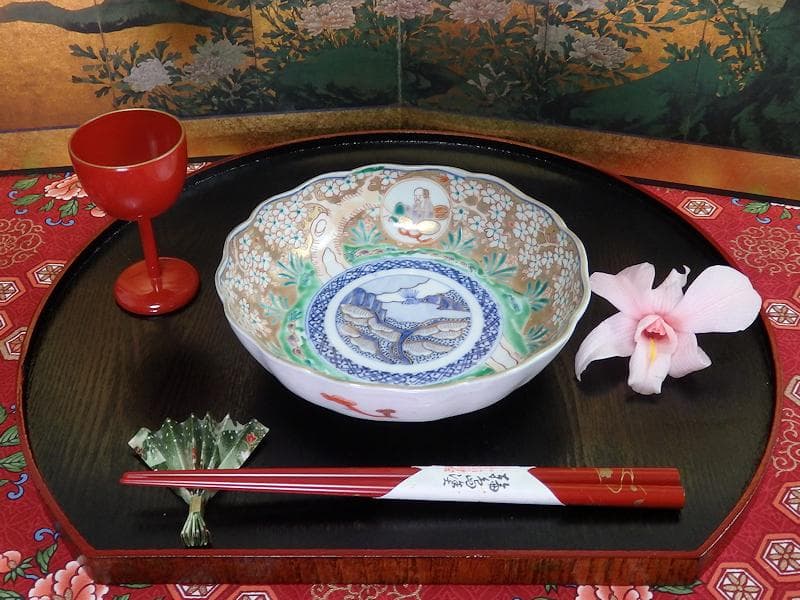 古伊万里　金襴手　桜花に春駒の図　膾皿　２客　F026AS-CVl