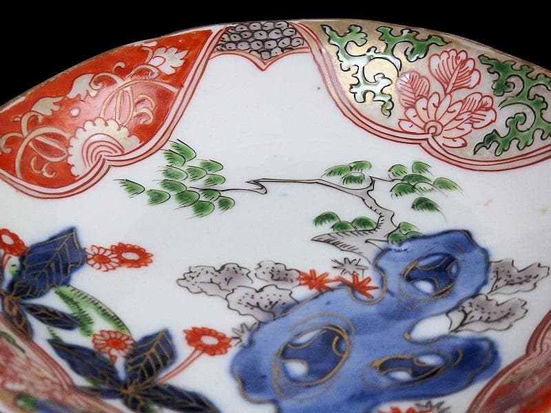 古伊万里　金襴手　岩に花の図　４寸皿　５枚　D467AS-CVt