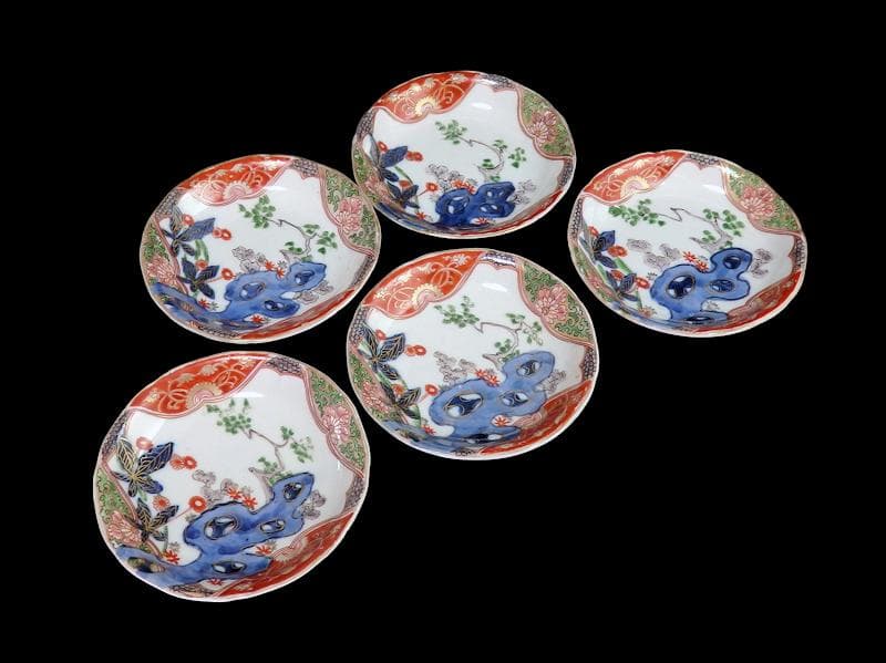 古伊万里　金襴手　岩に花の図　４寸皿　５枚　D467AS-CVt