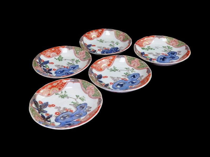 古伊万里　金襴手　岩に花の図　４寸皿　５枚　D467AS-CVt