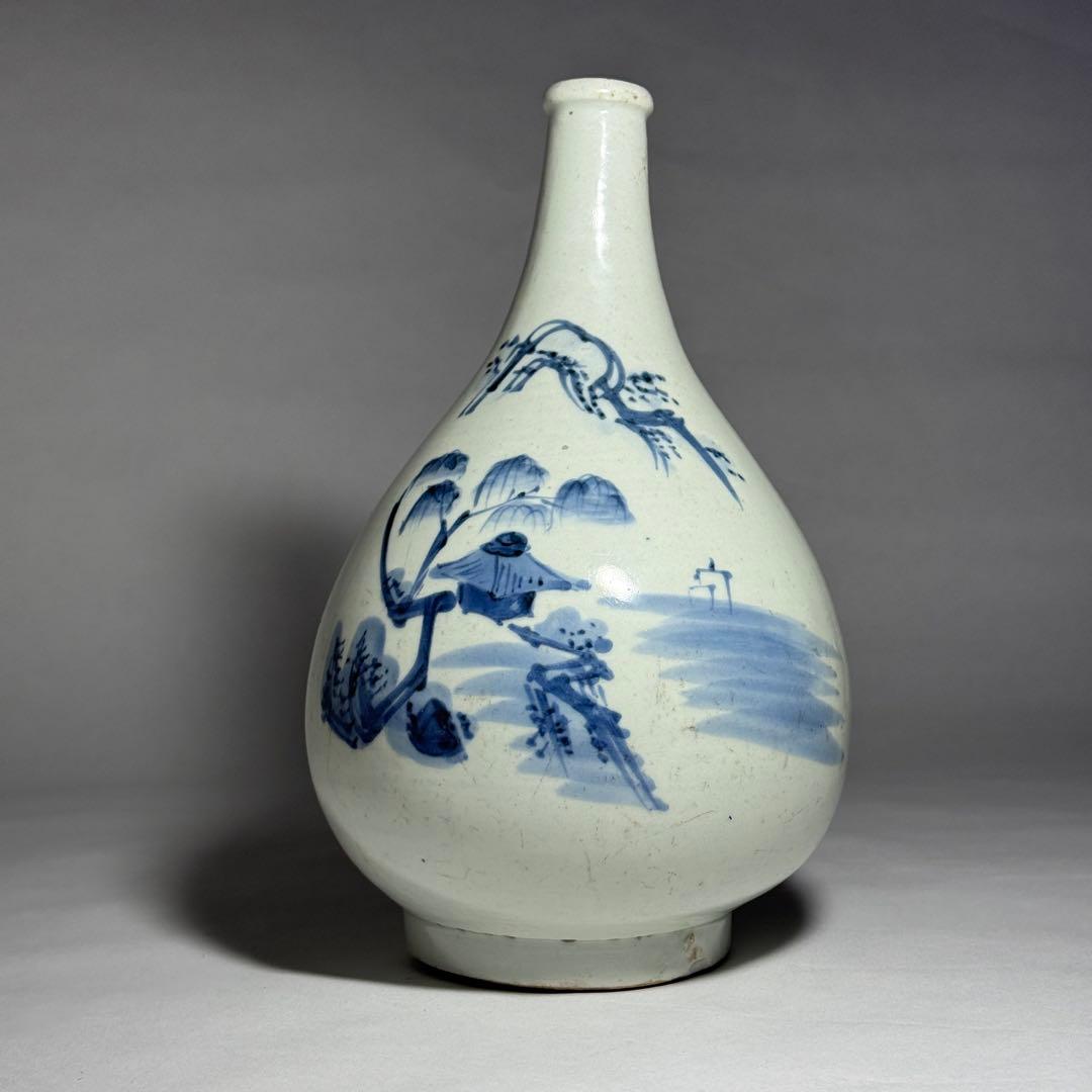 ◆希少 仙台藩御用窯 切込焼 染付山水図徳利 花瓶 花器 一輪挿し 江戸時代◆