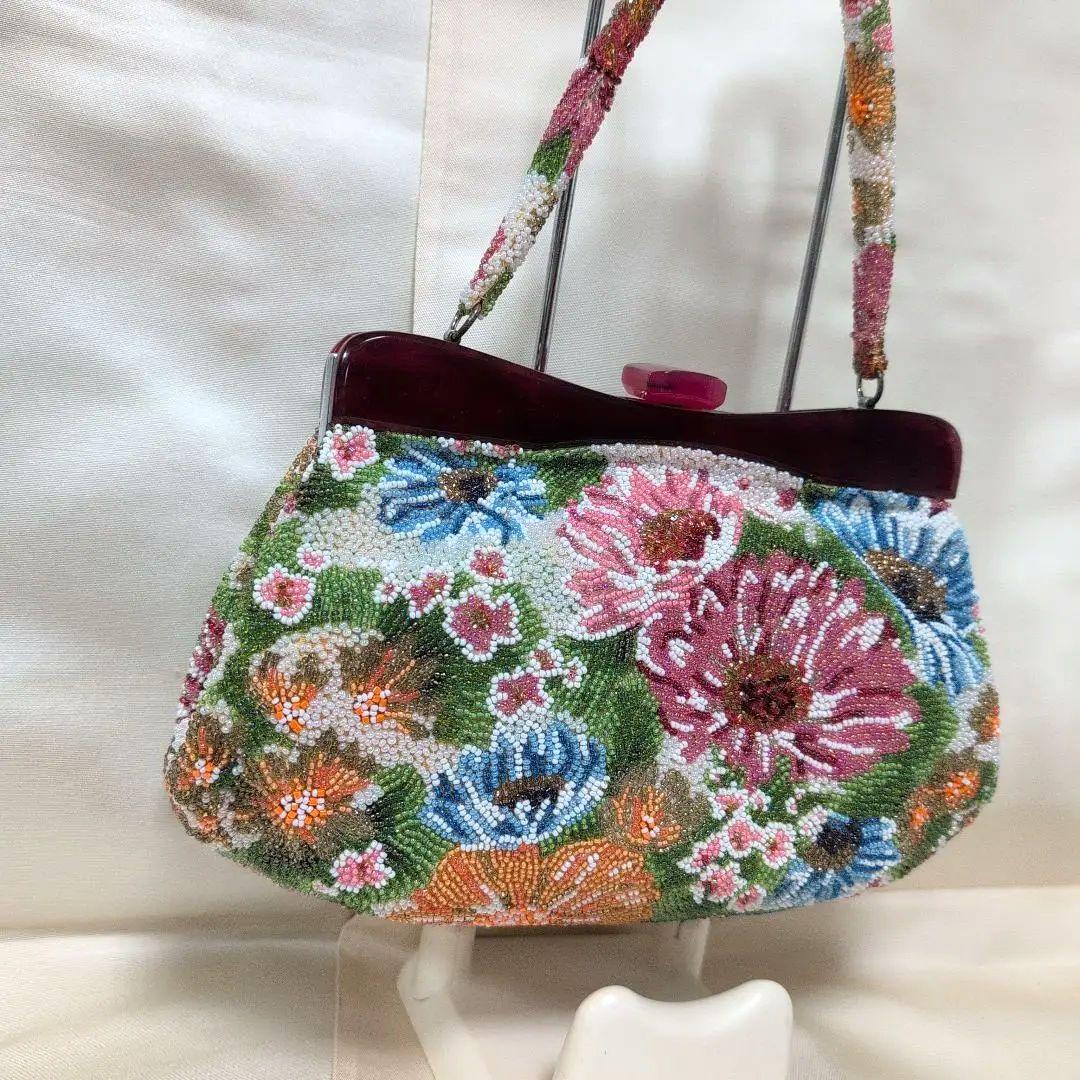 花柄ビーズ刺繍　ハンドバッグ　はしもと　和装バック　超美品　昭和レトロ