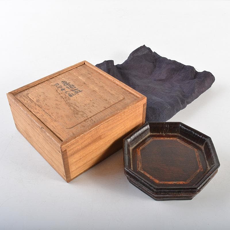 煎茶道具　漆塗　寄木六角急須盆　煎茶盆　香盆　時代箱　V　R6272