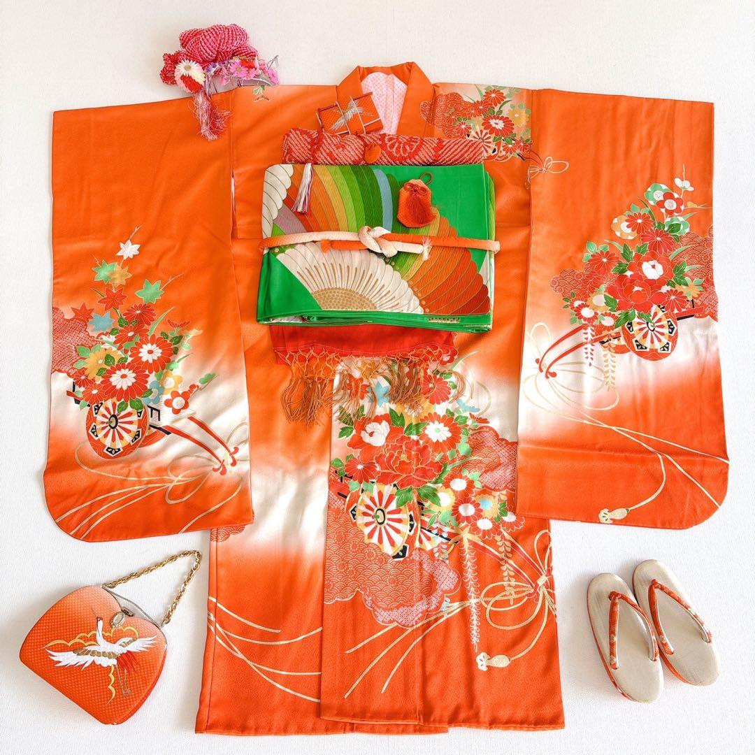 七五三　7歳　女の子　着物フルセット　小物セット　オレンジ　金糸　5231