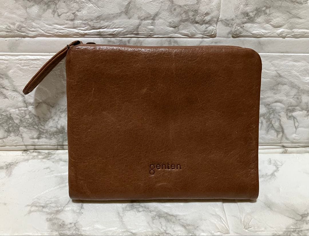 genten ブラウンレザー 二つ折り財布 牛革 未使用品